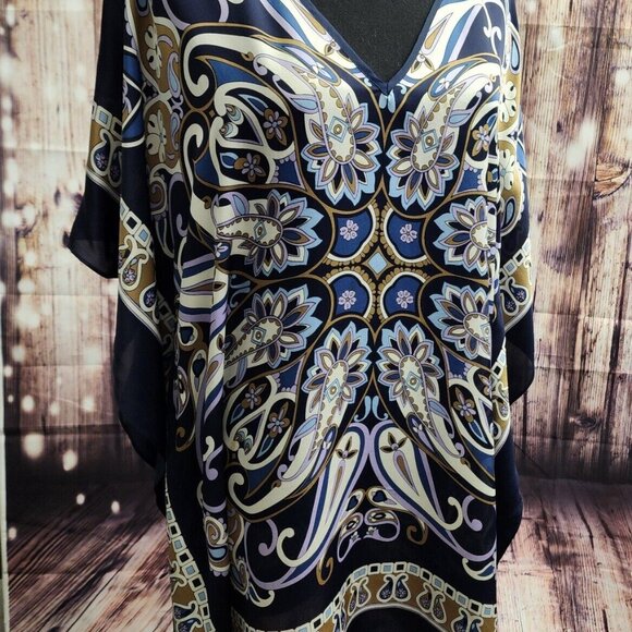 Michael Kors Tops - Michael Kors 100% SILK Women SZ L/XL Kaftan Top Blouse Blue Colorful Flowy Bold